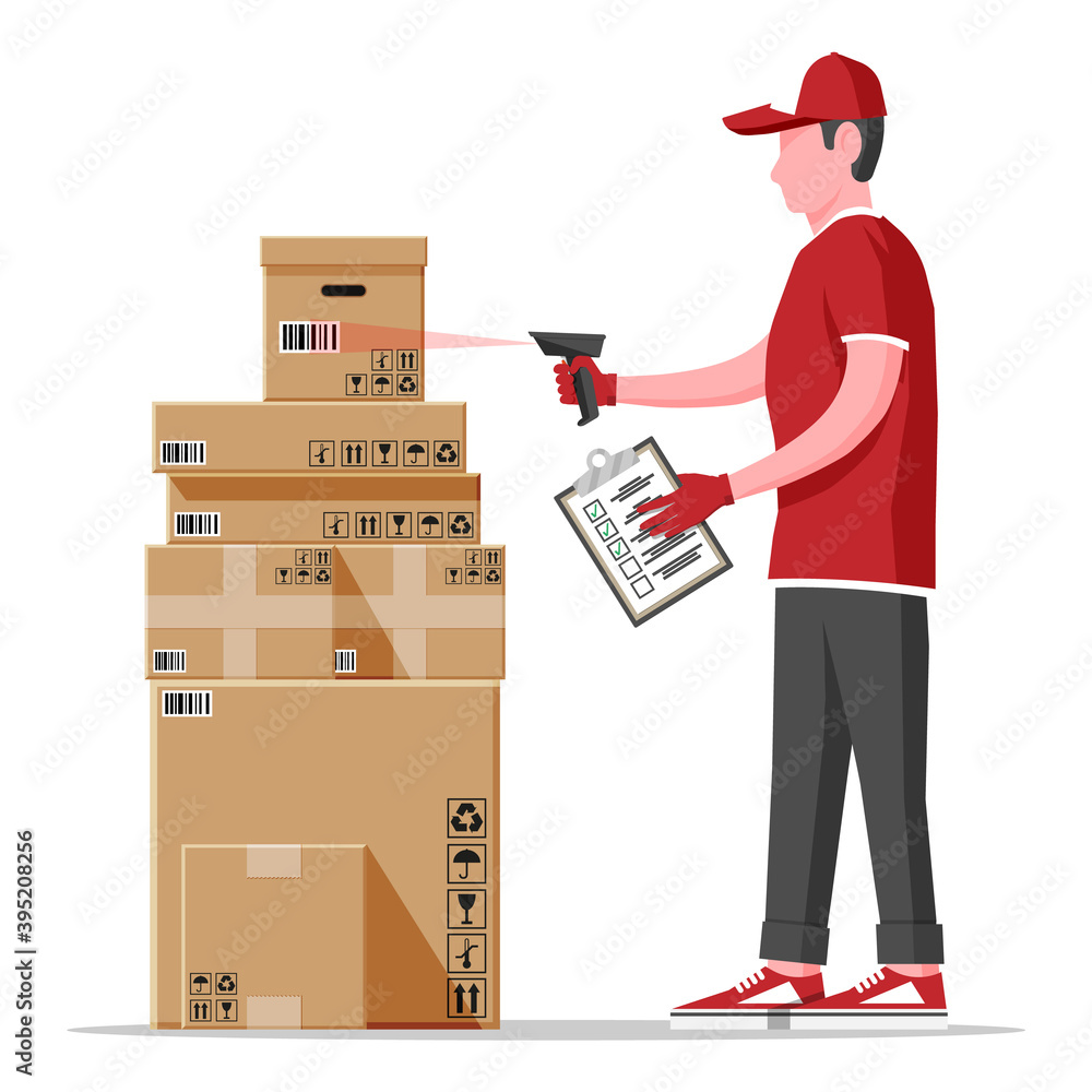 Poster warehouse worker scanning barcode on cardboard box. checking bar code of container with scanner. del