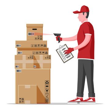 Warehouse worker scanning barcode on cardboard box. Checking bar code of container with scanner. Delivery, logistic and shipping cargo. Flat vector illustration