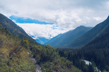 Mountains scenic view. Picturesque view to ravine, grassy meadows and hills. River gorge in Altai Mountains, Russia. Stock photography