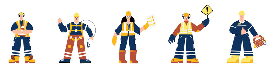 People characters collection set with construction and industrial workers. Heath and safety at work. People in safety uniform and personal protective equipment. PPE. LOTO. Working at height
