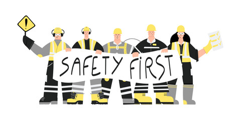 Construction or factory industrial workers wearing personal protective equipment with Safety first poster in hands. Workers character design. Health and safety at work. PPE