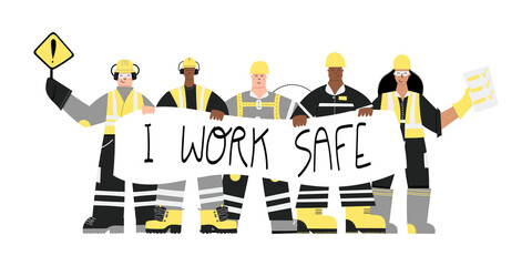 Road Construction or factory industrial workers wearing personal protective equipment with I work safe poster in hands. Black and white Workers working safely together. Health and safety at work. PPE