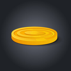 Golden coin on black background. Colorful glossy money realistic game asset. Vector stock illustration