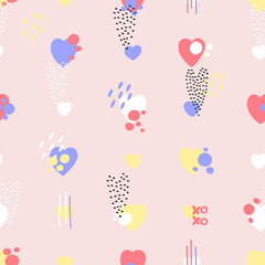 Abstract seamless pattern for Valentines day. Modern pink background with hearts. Cute hand-drawn simple illustration. Ornament for wrapping paper banner, postcard. Vector illustration about love.