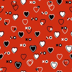 Abstract seamless pattern for Valentines day. Red background with small hearts. Cute hand-drawn simple illustration. Ornament for wrapping paper banner, postcard. Vector illustration about love.