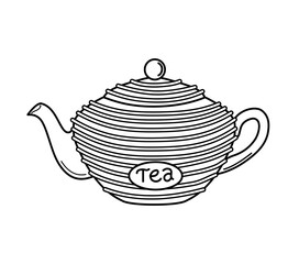 Teapot in the outline style on a white isolated background. Vector illustration. Icon. Coloring book.