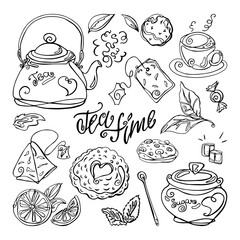 Hand drawn tea set on white isolated background. Vector illustration.