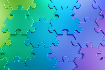 Geometric Pattern of a Jigsaw Puzzle. Close-up view of varicoloured hexagonal pieces of a jigsaw puzzle composed to color gradient from green to purple through blue. 3D-rendering graphics.