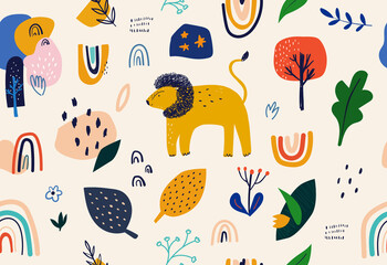 Cartoon childish Seamless pattern with lion and leaves