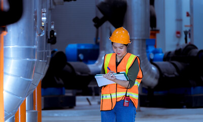 Industry worker under checking the industry cooling tower air conditioner is water cooling tower...