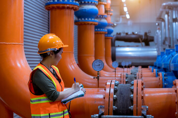 Industry worker under checking the industry cooling tower air conditioner is water cooling tower...