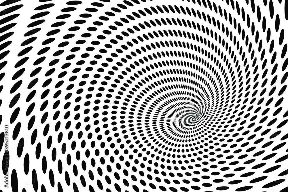 Poster black and white spiral abstract halftone dots background. abstract background with vortex of dots de