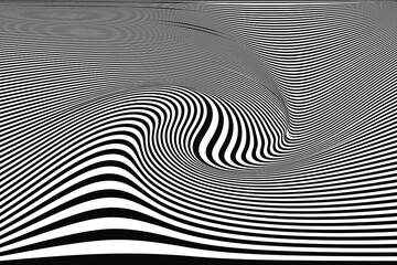 Black and white lines optical illusion horizontal background. Optical illusion background with swirled stripe design.Line art pattern. Trendy texture. Monochrome design. Vector print template.