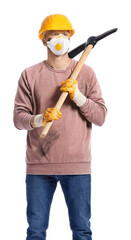 Miner man with pick axe on white background