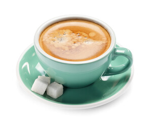 Cup of hot espresso on white background