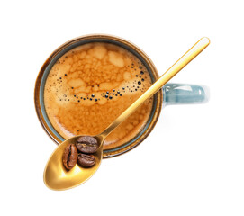 Cup of hot espresso on white background
