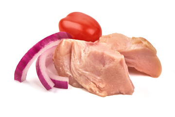 Smoked chicken meat pieces, isolated on white background