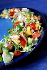 Fresh vegetable salad on a plate on a blue background