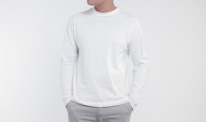 Cropped man with white long sleeve t shirt suitable for mock up