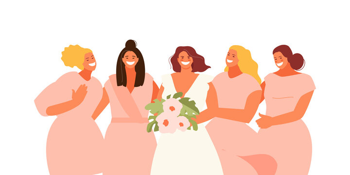Happy bride with her bridesmaids. Wedding traditions vector illustration
