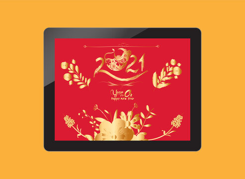 Happy Chinese New Year 2021 Table Of The Ox. Gold Zodiac Sign, Floral And Gold Flower For Greetings Card, Invitation, Posters, Brochure, Calendar, Flyers, Banners