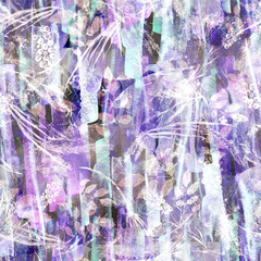 Watercolor seamless pattern, background with a floral pattern. Watercolor background, drawing with autumn with forest flowers, leaves, plants, berries branch. bush, tree, beautiful landscape. Grunge.