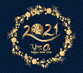 Happy chinese new year 2021 of the ox. Gold zodiac sign, gold florals wreath for greetings card, invitation, posters, brochure, calendar, flyers, banners