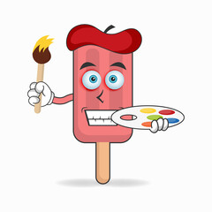 The Red Ice Cream mascot character becomes a painter. vector illustration