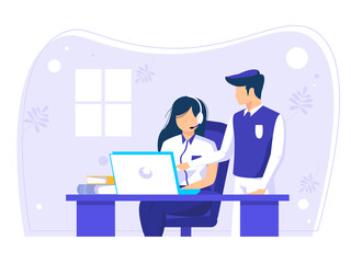 manager directions for staff in the office. exchange ideas at the office work desk. can be used for posters, web, social media banners. vector illustration.