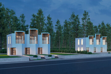 3d rendering of modern light townhouse cozy small house for sale or rent with many grass on lawn. In evening with a dark blue sky. Perspective street view