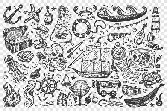 Pirates doodle set. Collection of sea ocean symbols treasure map gold chest ship mermaid whale rum sailor isolated on transparent background. Corsairs free marine life illustration.