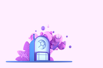 Abstract cartoon fairy-tale tiny cozy house in pastel colors on a background of fantastic stylized plants, trees and herbs. 3d illustration