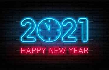 Happy New Year 2021. New Year and Christmas decoration, neon signboard with glowing text and clock. Neon light effect for background, banner, poster and greeting card