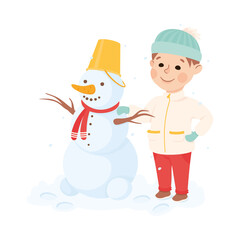 Cheerful Boy Wearing Warm Scarf and Hat Building Snowman Vector Illustration