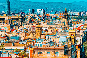 Panorama of the historical center of Barcelona, Catalonia. Spain