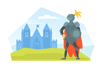 Medieval Knight Warrior in Full Armour Standing on Nature Landscape with Castle Cartoon Vector Illustration
