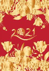 Happy chinese new year 2021 of the ox. Gold zodiac sign, gold floral and asian elements background for greetings card, invitation, posters, brochure, calendar, flyers, banners