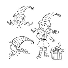 Cute little Christmas Elf girl. Vector hand drawn outline Cartoon character. Simple illustration for New year and xmas design, greeting cards, calendars, prints, childrens coloring book