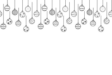 Fototapeta na wymiar Christmas and New Year background with Hanging simple outline Christmas Balls, isolated, hand drawn. Vector holiday backdrop in doodle style