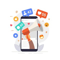 Social Media Influencer Concept Showing people bringing likes and reactions to a social media profile on a smartphone for get engagement. hand with phone vector illustration