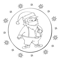 Santa Claus in face mask and transparent protective ball surrounded by virus, microbes. Measures to protect against coronavirus on holiday. Merry Christmas and happy New year in quarantine, pandemic