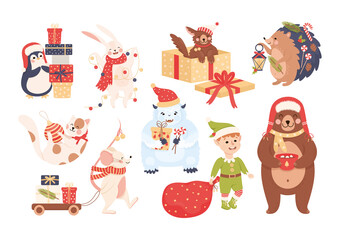 New Year Characters with Elf, Abominable and Bear Vector Set