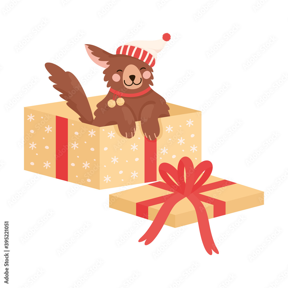 Poster fluffy dog in winter hat sitting in gift box vector illustration