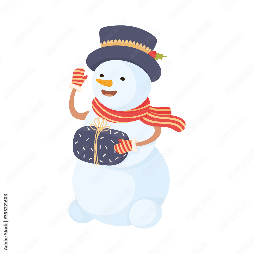 Poster white frozen snowman in scarf holding gift box vector illustration