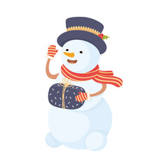 White Frozen Snowman in Scarf Holding Gift Box Vector Illustration