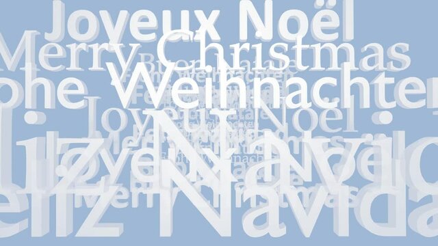 Merry Christmas in 5 languages in white 3D letters fly through the space. In English, Spanish, French, Italian and German