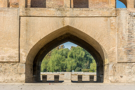 Arch of Allahverdi Khan Bridge, also named  Si-o-seh pol bridge, across the Zayanderud river, in Isfahan, Iran, a famous historic building in Persian History