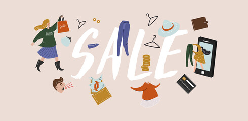Black Friday, sales, discounts, Boxing Day, online shopping. Lettering with set of vector flat elements on the theme of sales. Buyer, money, clothes, bags, wallet. Nice vector set in cartoon style.