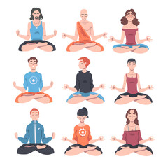 People Characters Meditating Sitting Cross-legged in Lotus Position Vector Illustration Set