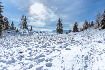 Neuschnee in den bergen beim Taubensee nie Sonne, Wolken und blauem Himmel mit Wald und 'Sonne